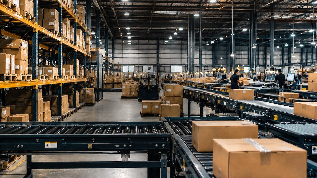 E-commerce fulfillment warehouse with conveyors and shipping cartons